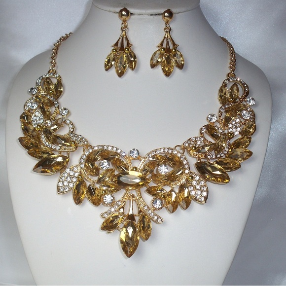 Champagne Rhinestone Necklace Set (BRIDAL, WEDDING, PROM, QUINCEÑERA, PAGENT) - Picture 5 of 9